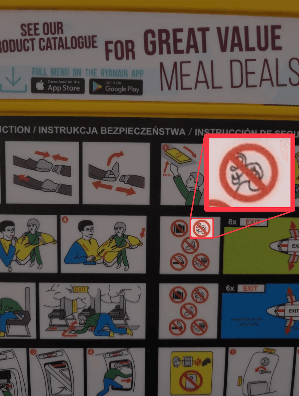 A Ryanair safety card showing pictogram instructions for emergency procedures.