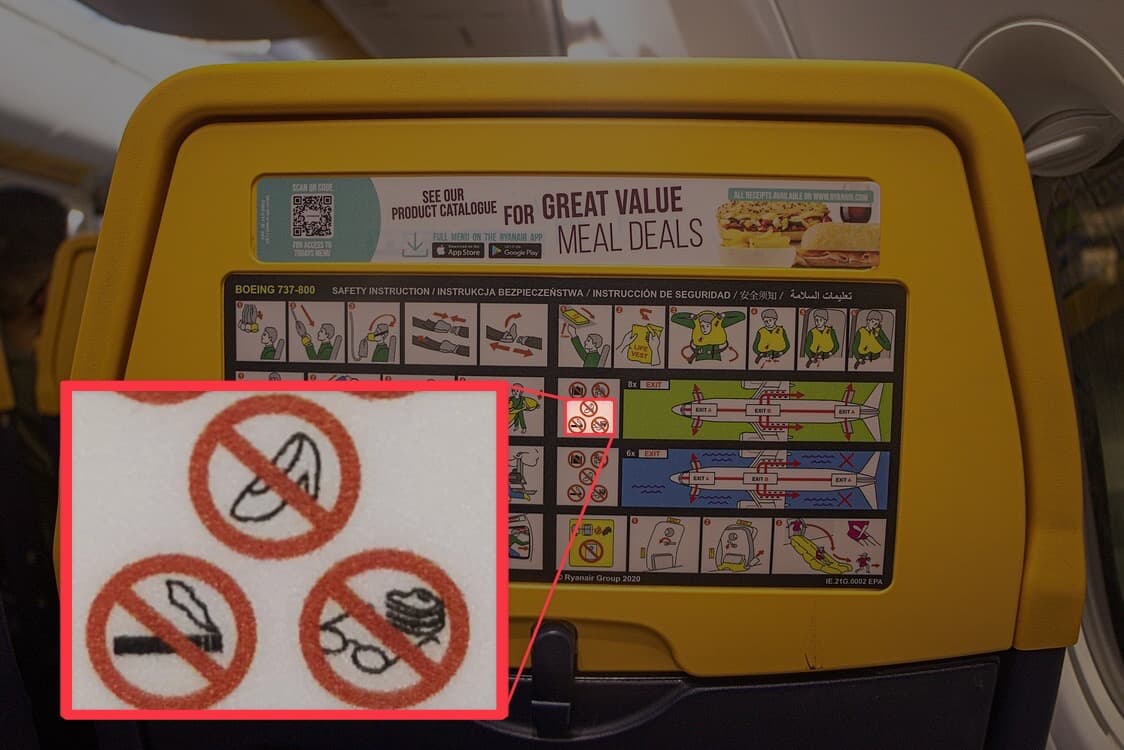 A Ryanair safety card showing pictogram instructions for emergency procedures