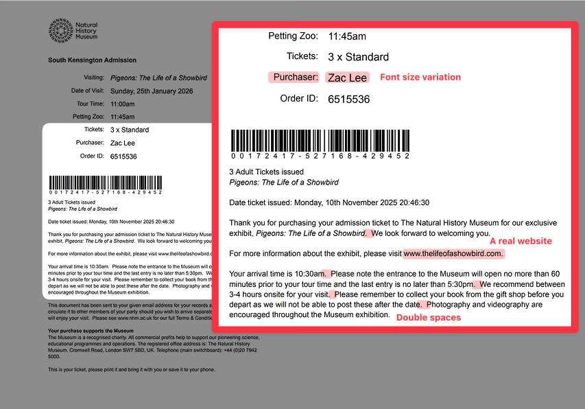 Close-up of the fake Natural History Museum PDF ticket, showing venue, date, ticket type, order number, and a highlighted booking reference — designed to look like a real museum ticket.