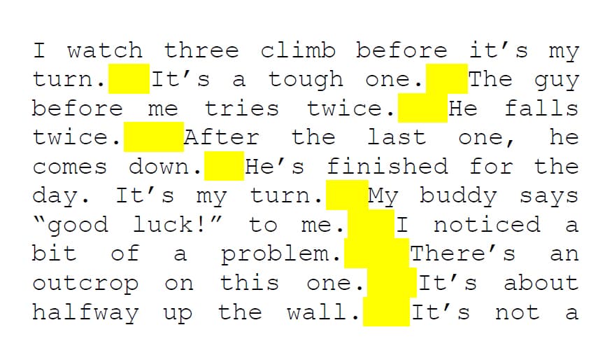 A passage of monospaced typewritten text with yellow-highlighted gaps, showing vertical channels of whitespace — the river effect — running through the paragraph.